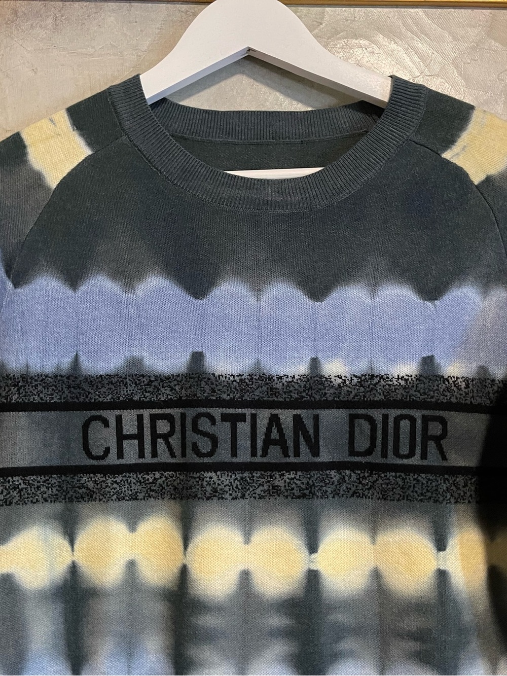 Dior Green Crewneck with Blue and Yellow Tie-Dye Stripes - Picture 5 of 9